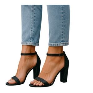 Le Chateau Jewel Studded Elegant Black Heels Open Toe Ankle Strap 39 EU